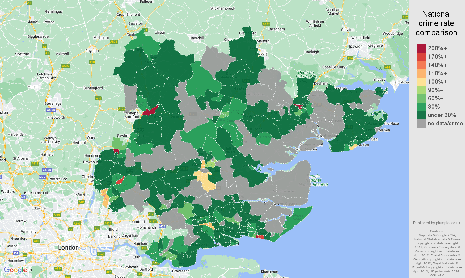 Essex theft from the person crime rate comparison map