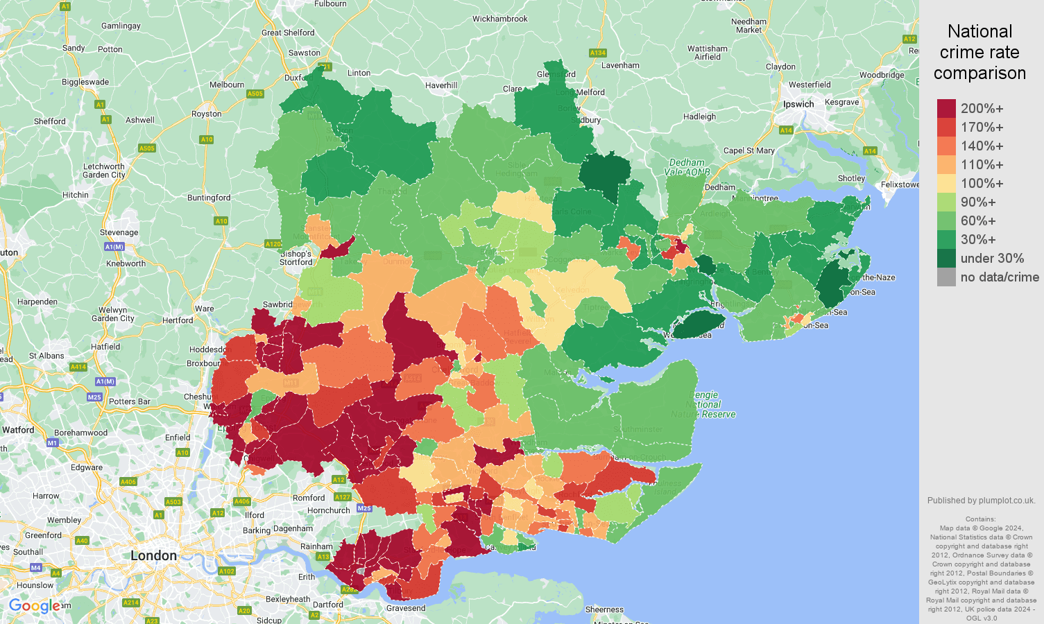 Essex vehicle crime rate comparison map