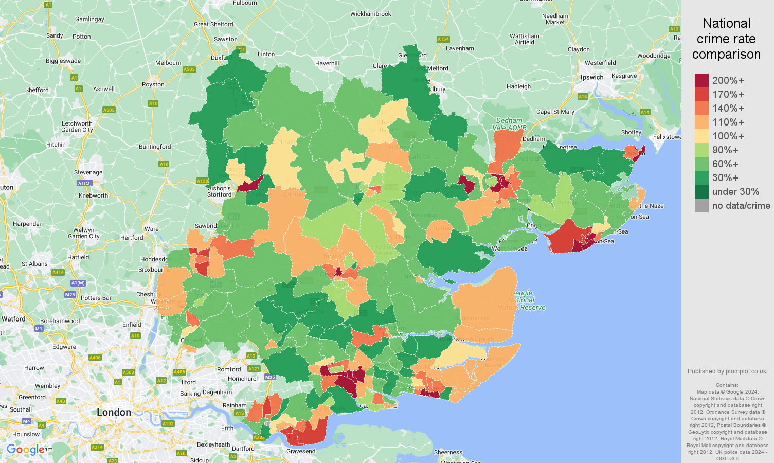 Essex violent crime rate comparison map