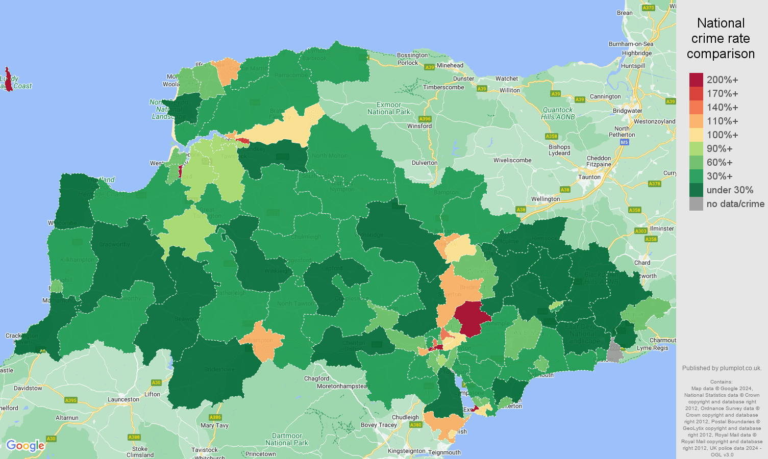 Exeter antisocial behaviour crime rate comparison map