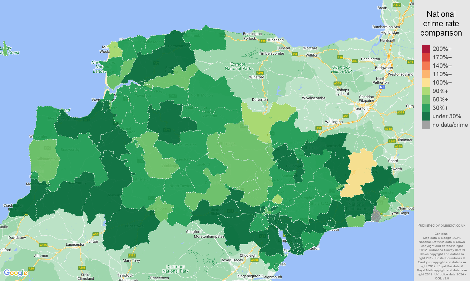 Exeter burglary crime rate comparison map