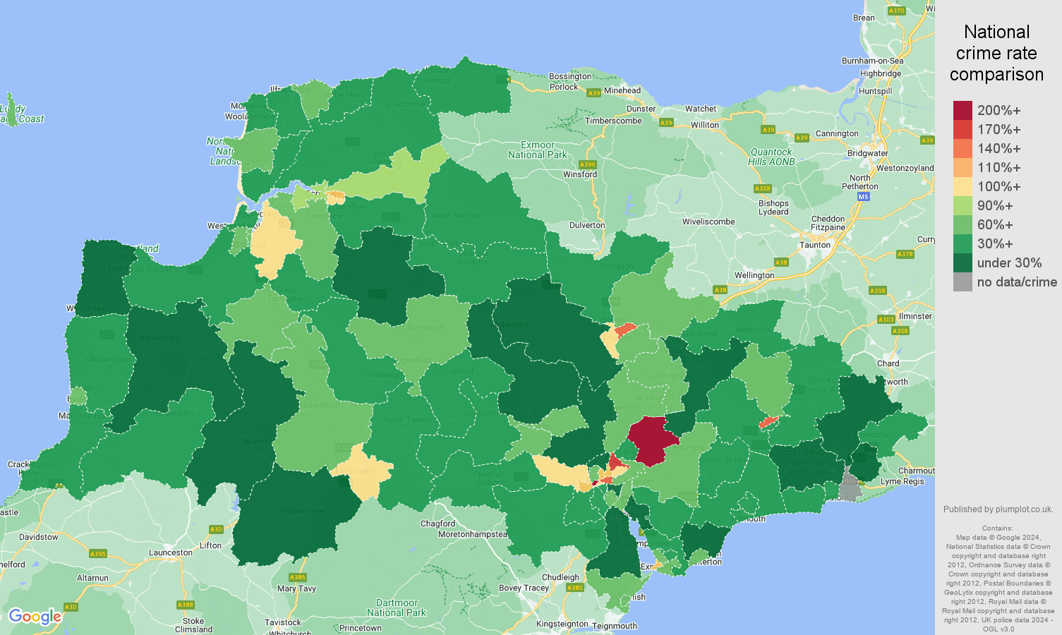Exeter criminal damage and arson crime rate comparison map