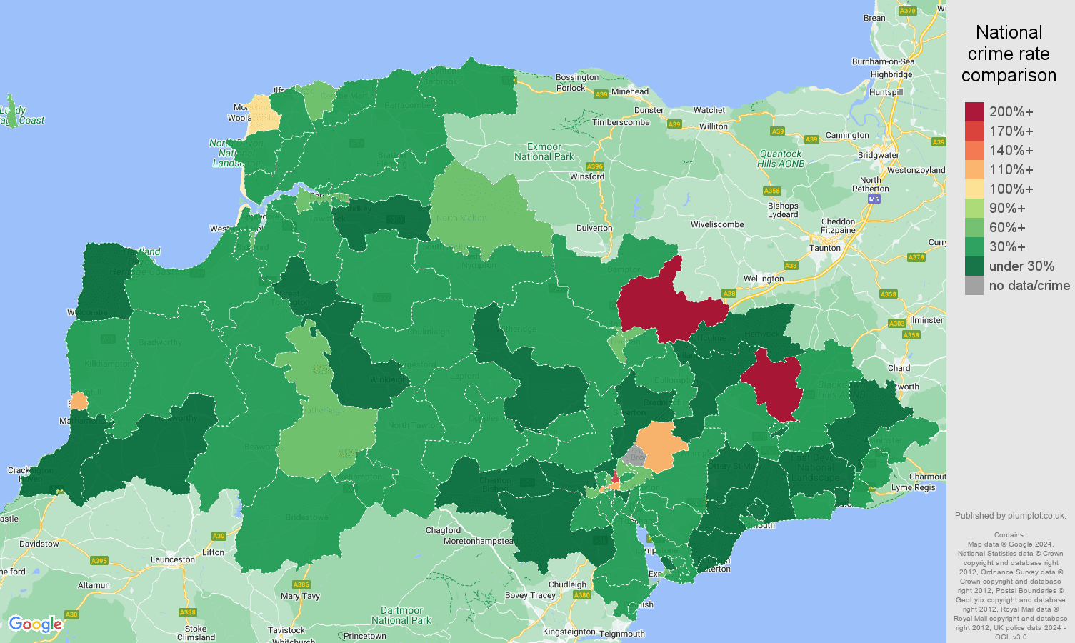 Exeter other theft crime rate comparison map