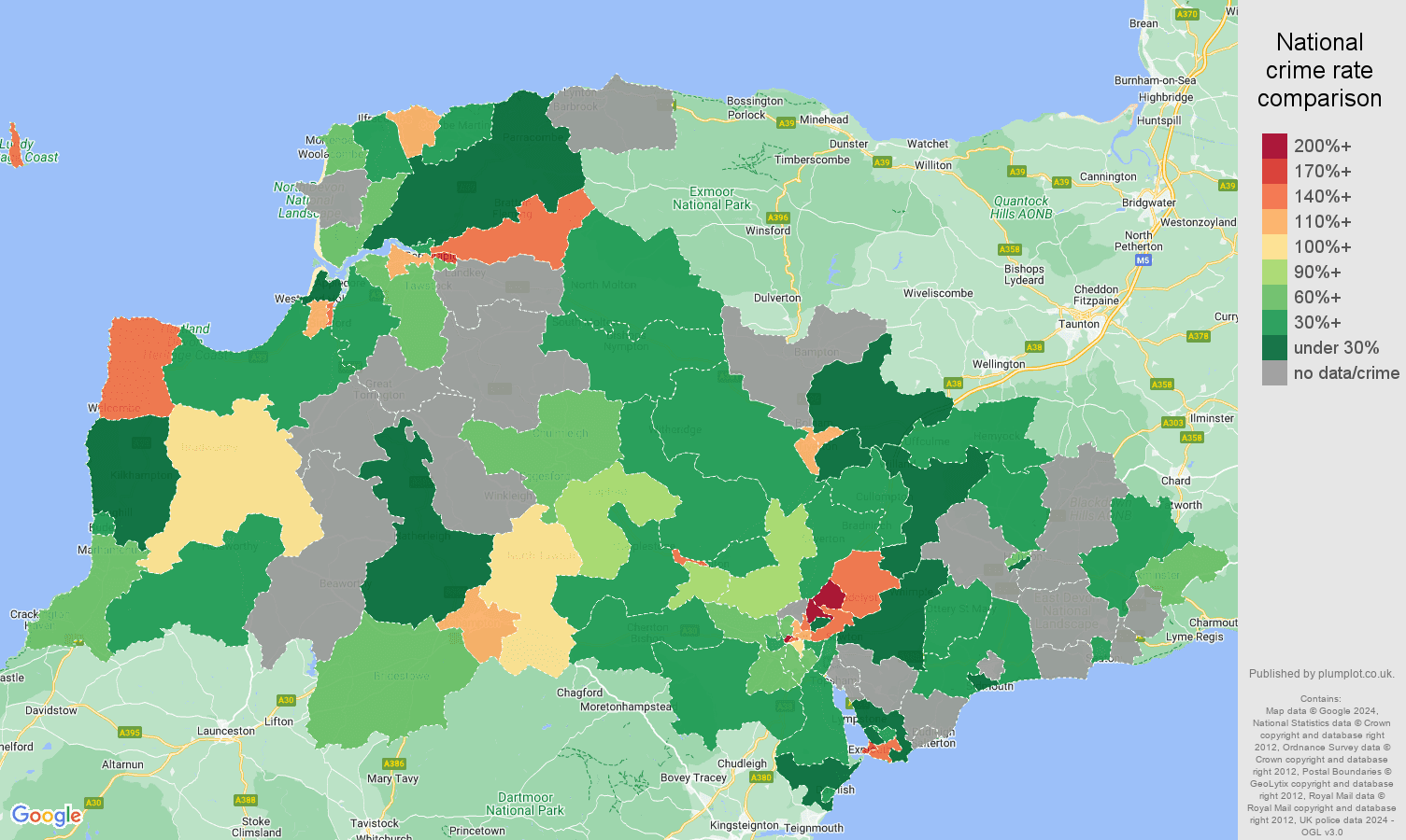 Exeter possession of weapons crime rate comparison map