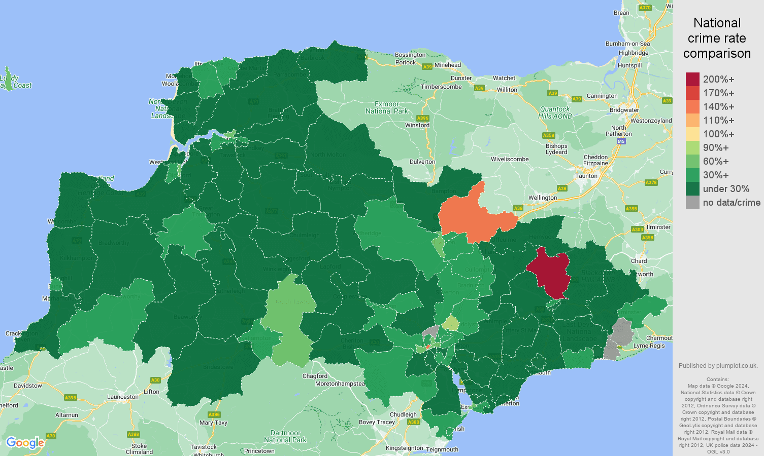 Exeter public order crime rate comparison map