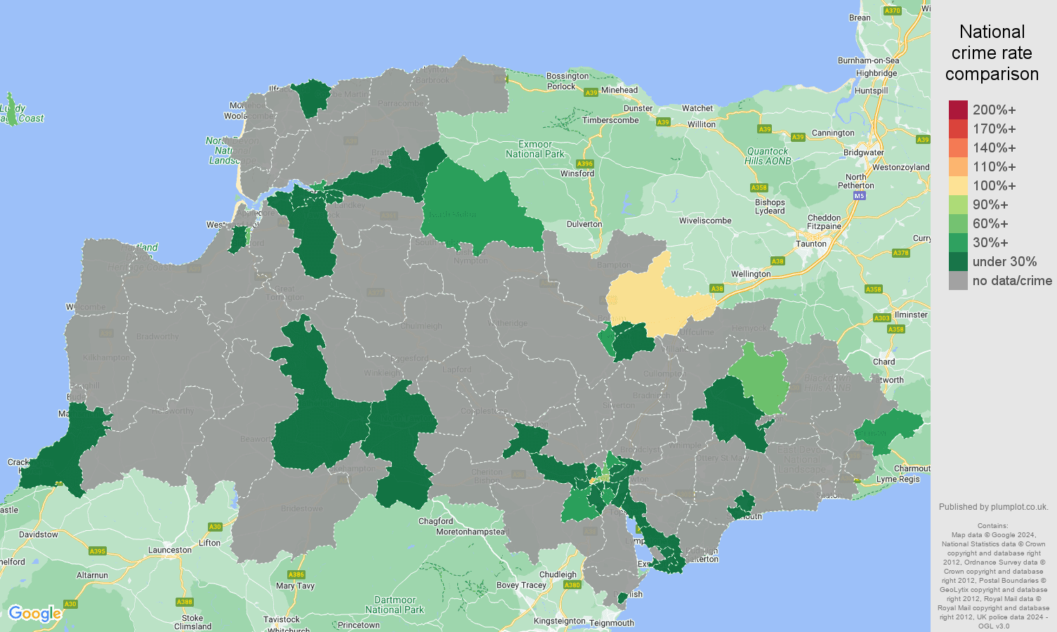 Exeter robbery crime rate comparison map