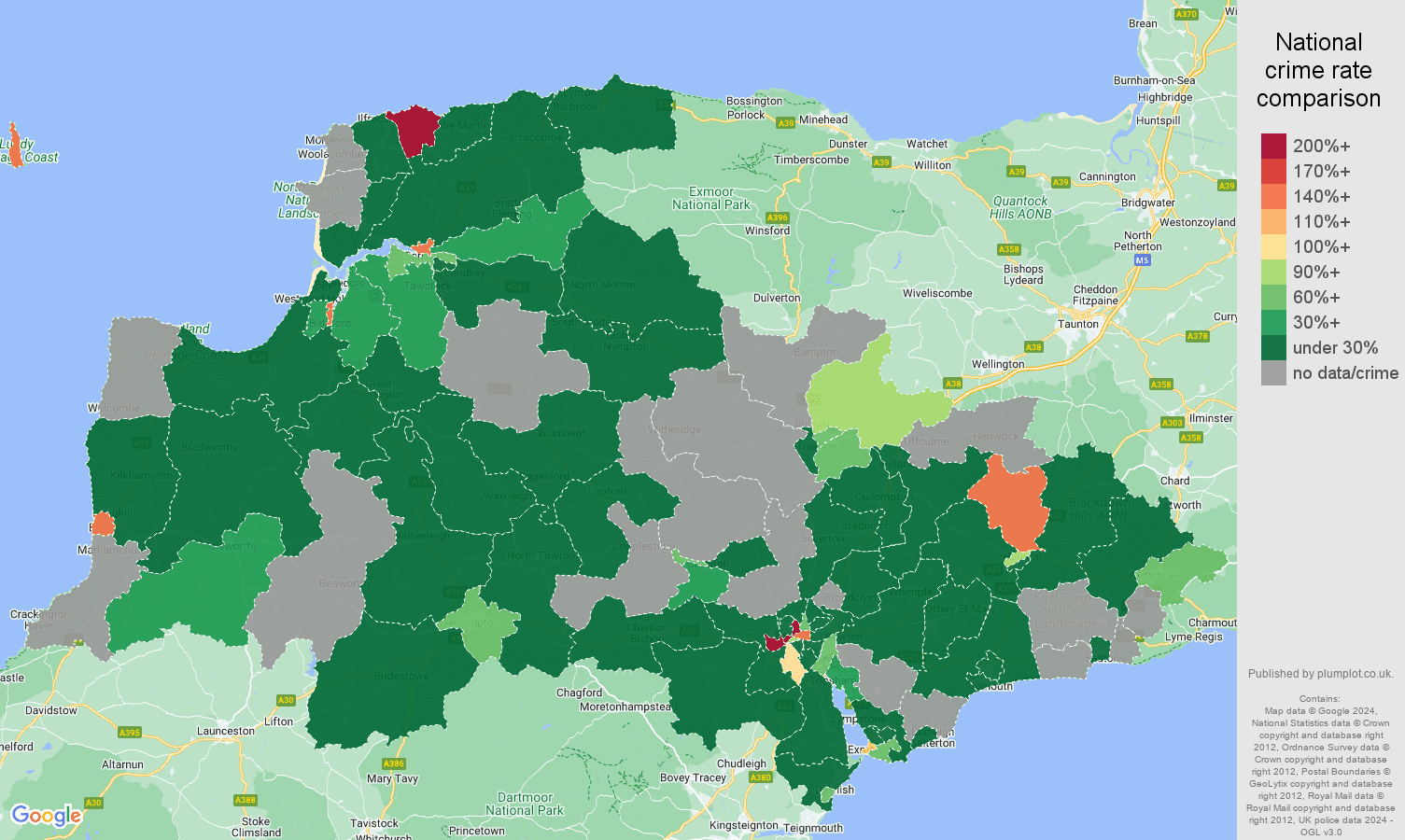 Exeter shoplifting crime rate comparison map