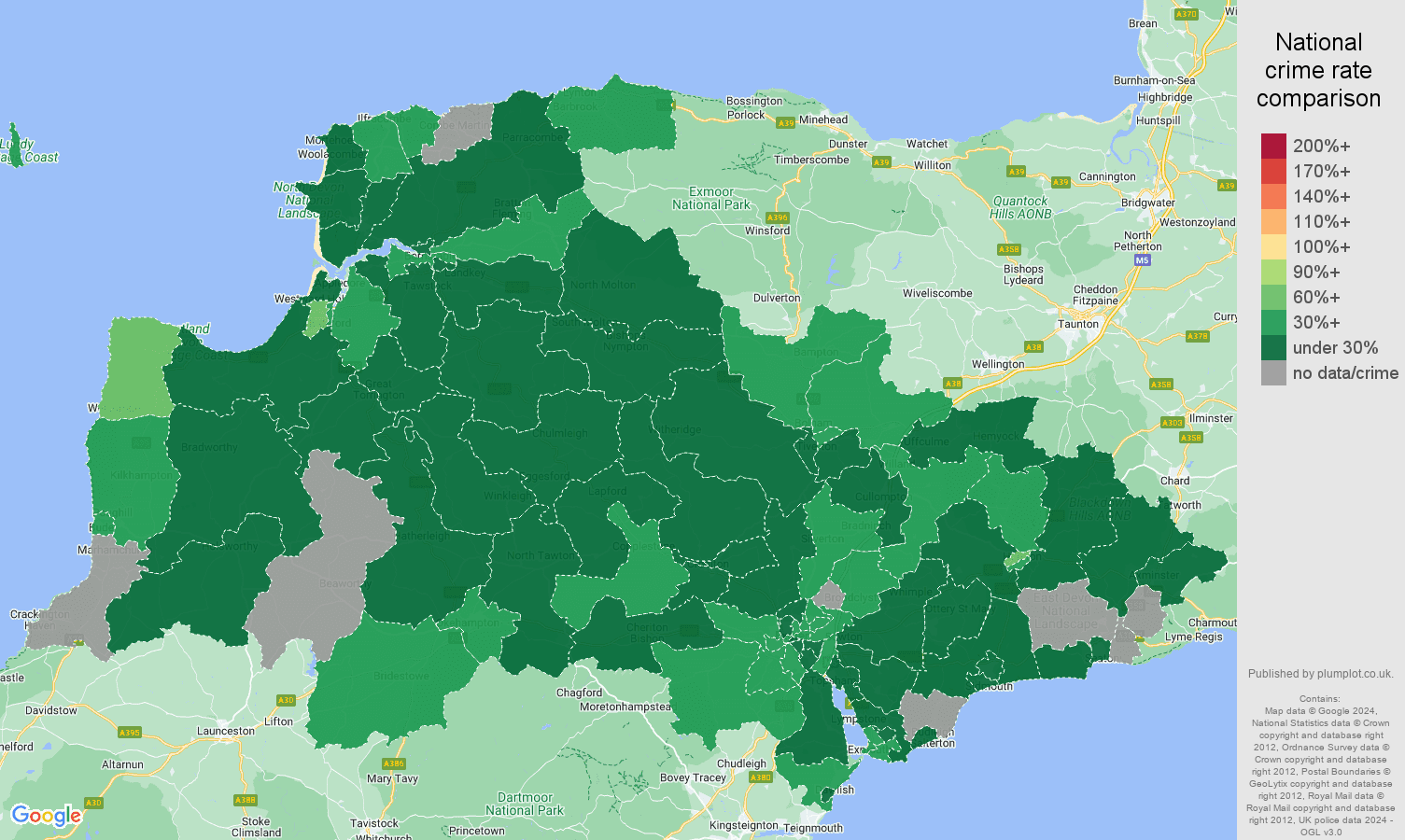 Exeter vehicle crime rate comparison map