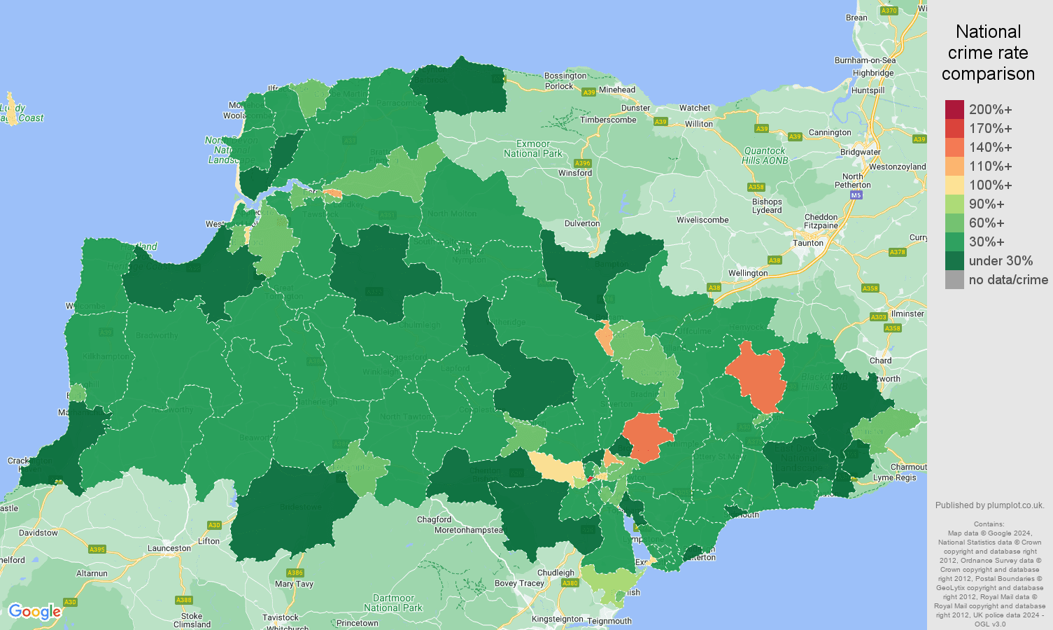Exeter violent crime rate comparison map