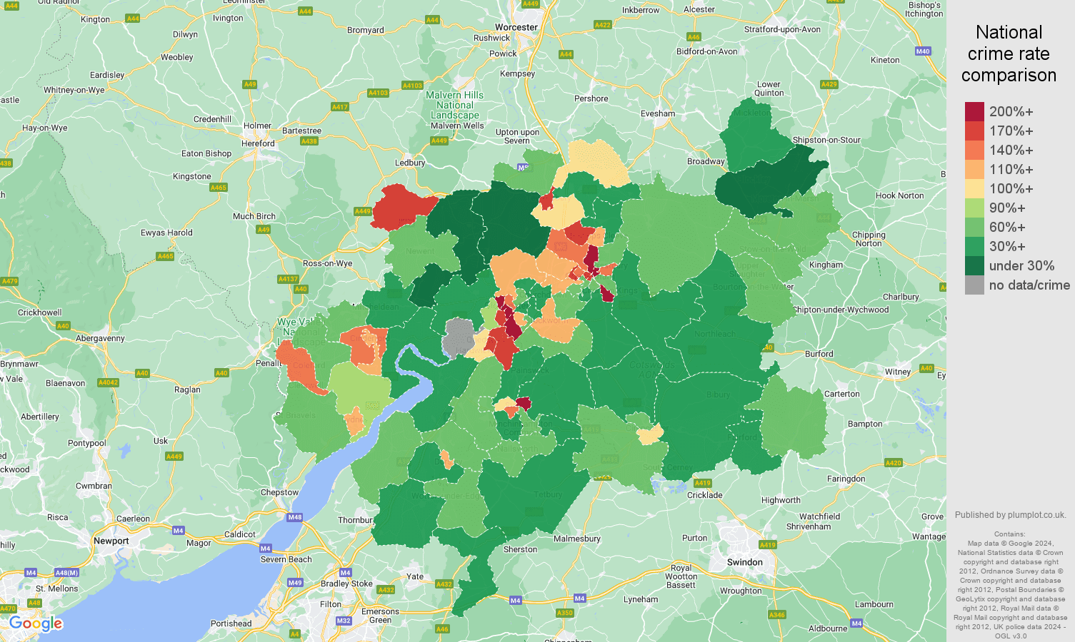 Gloucester antisocial behaviour crime rate comparison map