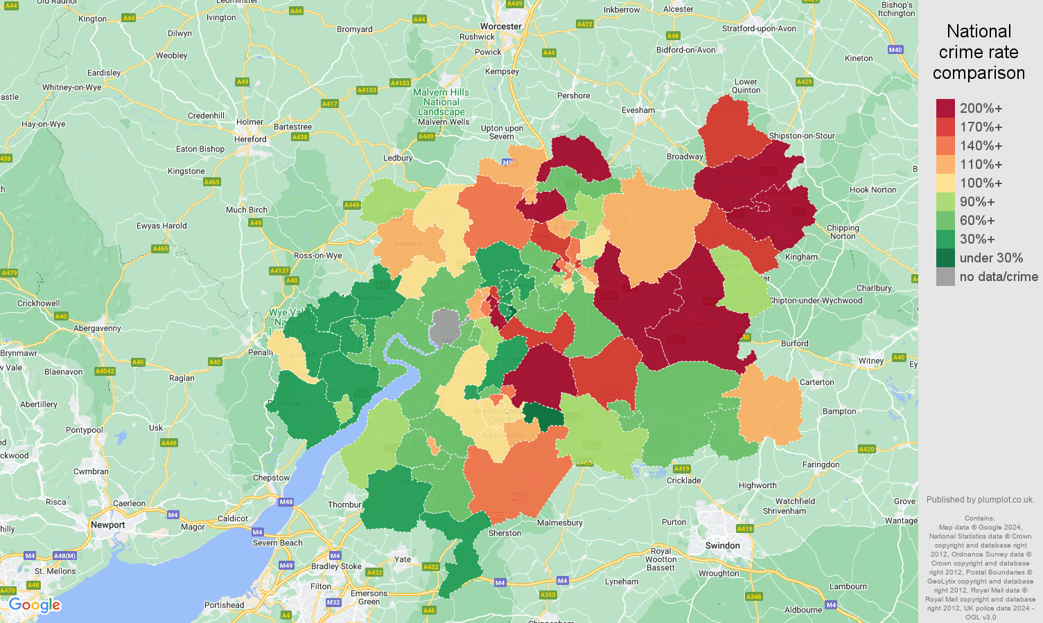 Gloucester burglary crime rate comparison map