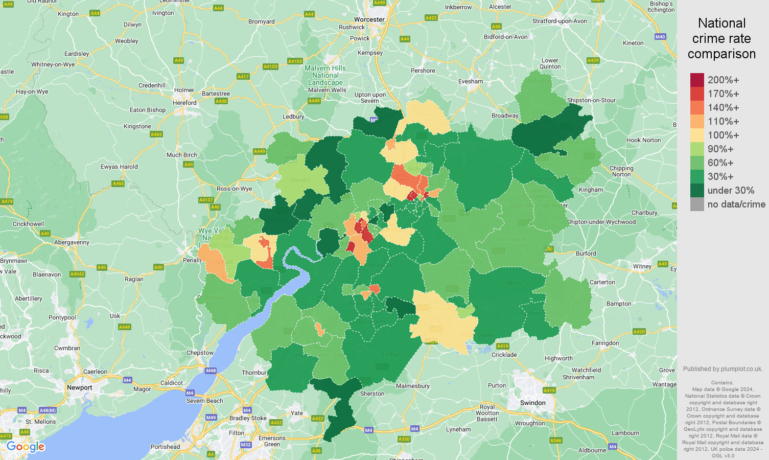 Gloucester criminal damage and arson crime rate comparison map