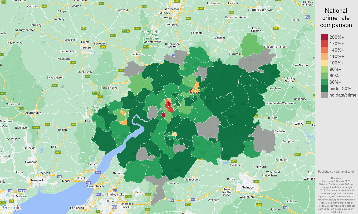 Gloucester drugs crime rate comparison map