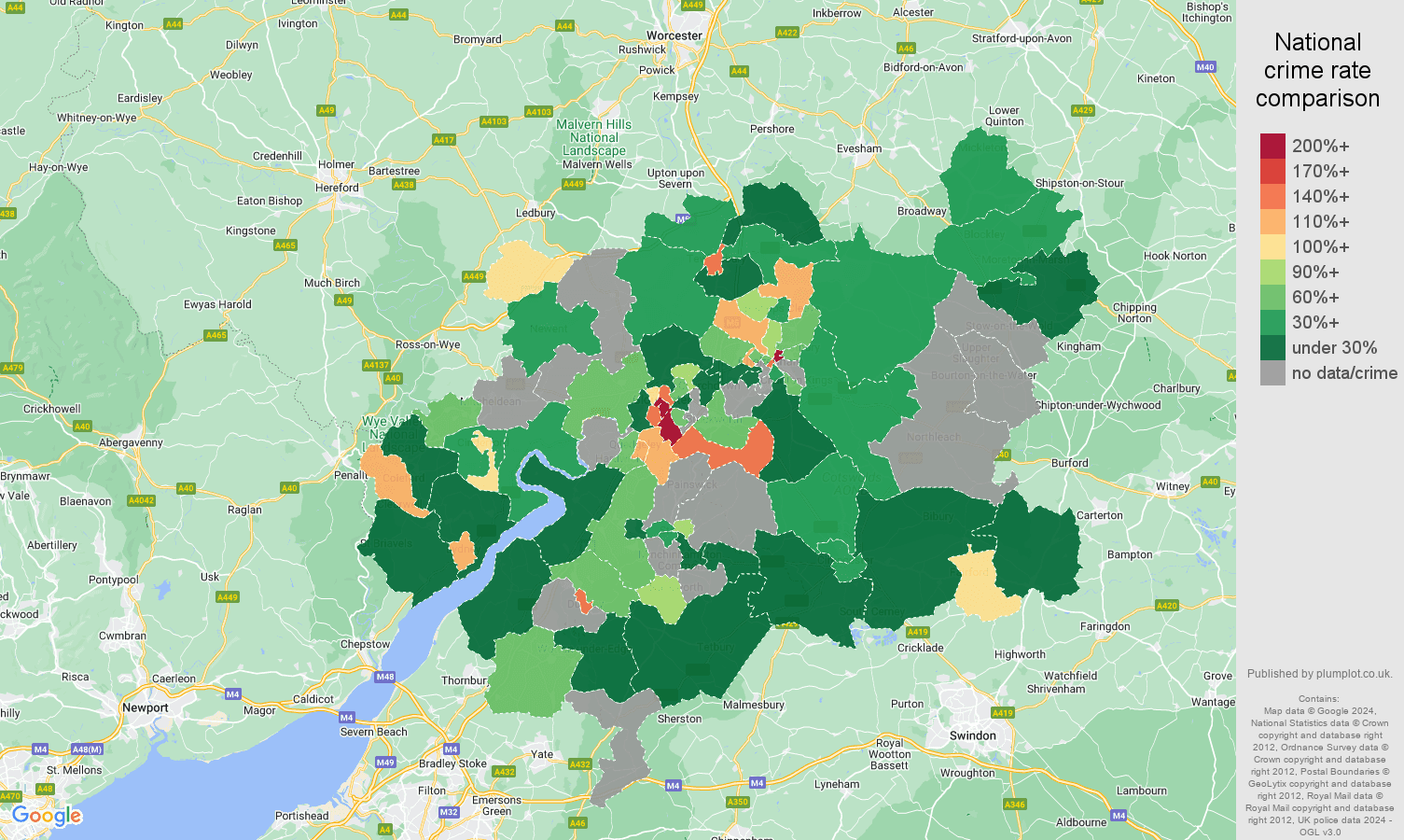 Gloucester possession of weapons crime rate comparison map