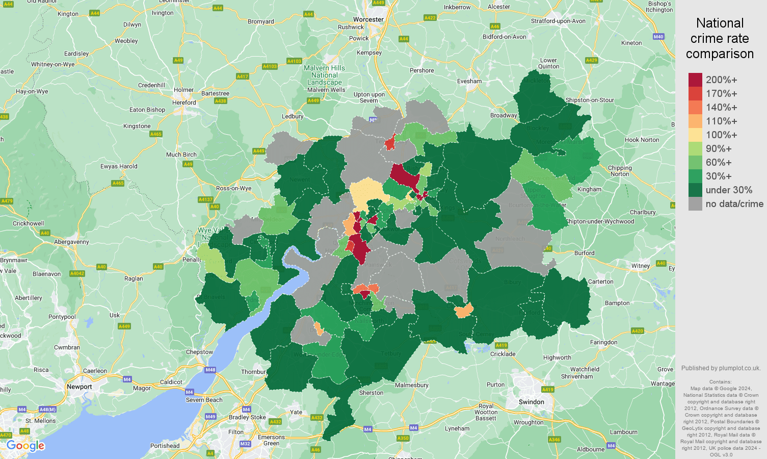 Gloucester shoplifting crime rate comparison map