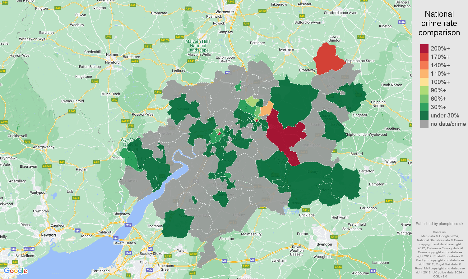 Gloucester theft from the person crime rate comparison map