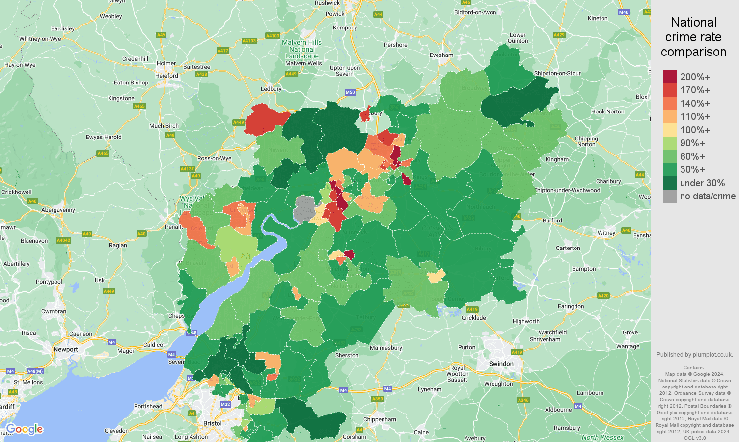 Gloucestershire antisocial behaviour crime rate comparison map
