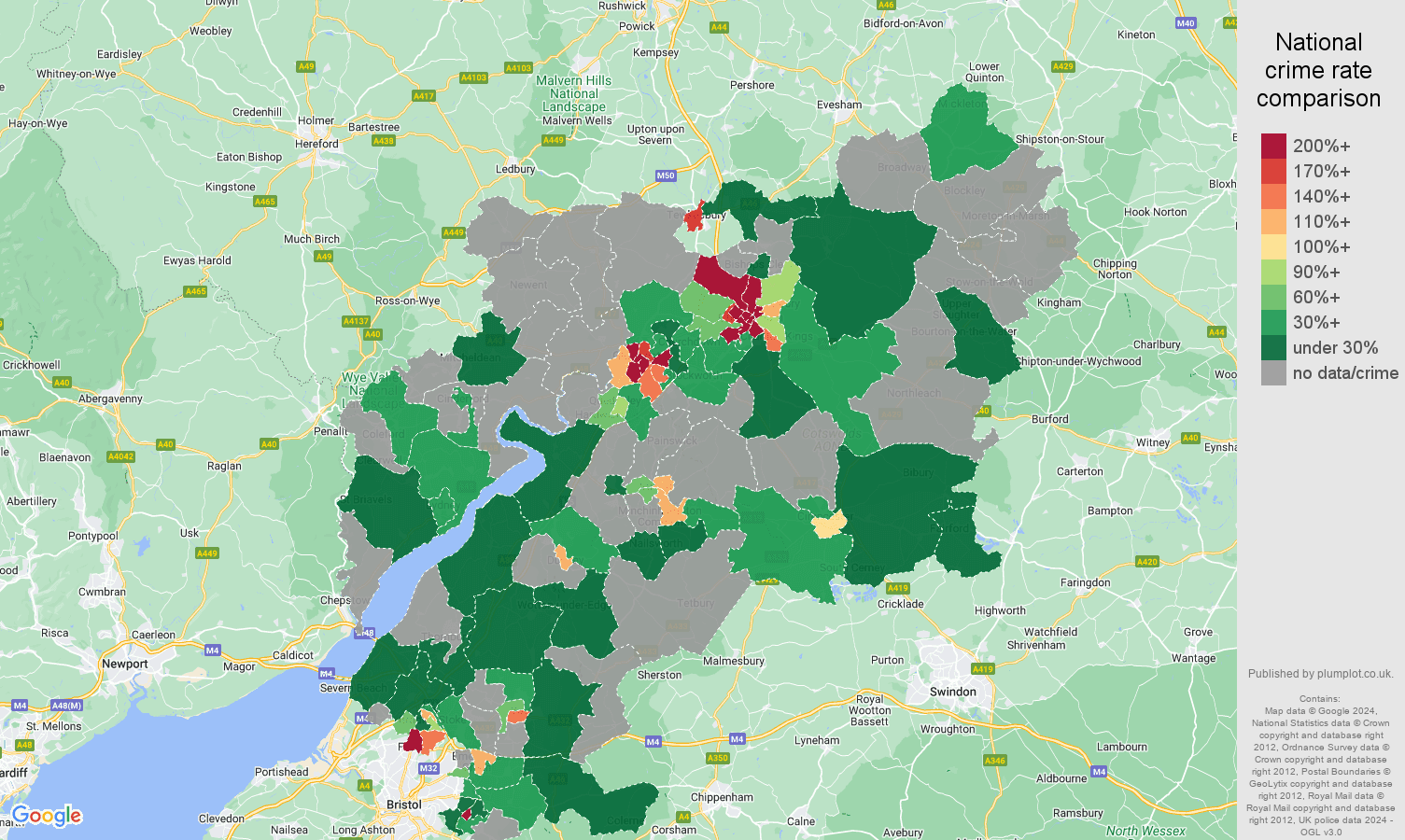 Gloucestershire bicycle theft crime rate comparison map