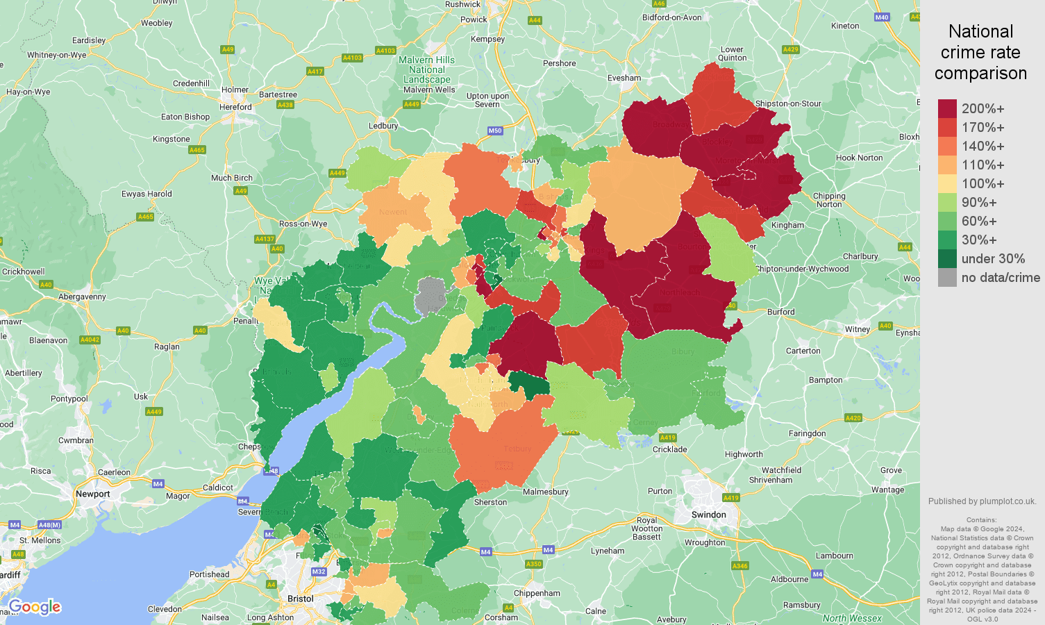 Gloucestershire burglary crime rate comparison map