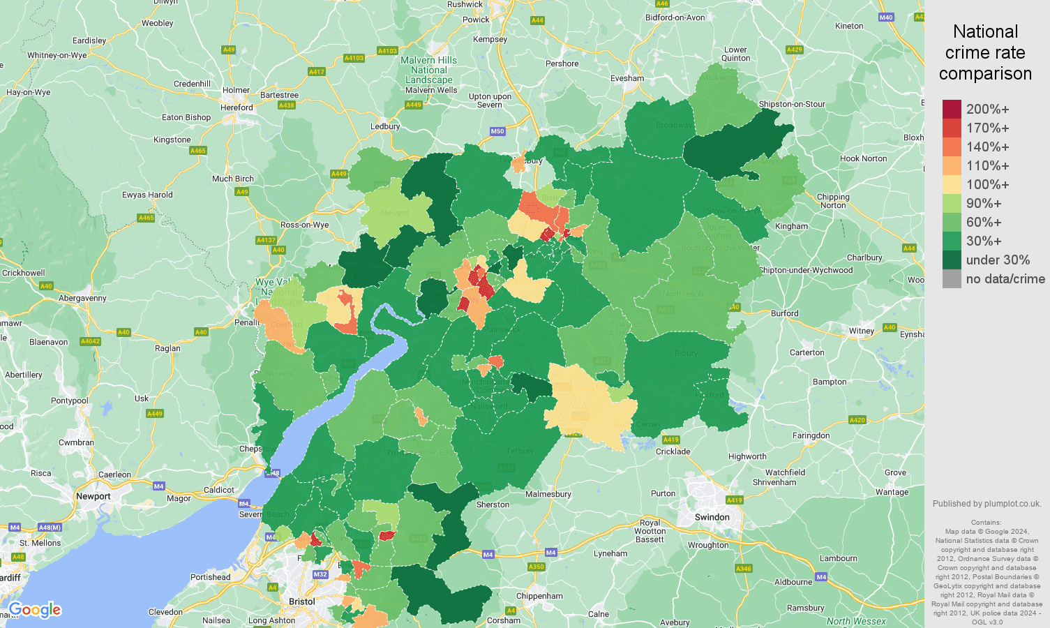 Gloucestershire criminal damage and arson crime rate comparison map