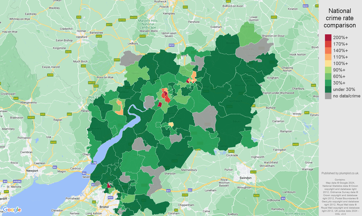 Gloucestershire drugs crime rate comparison map