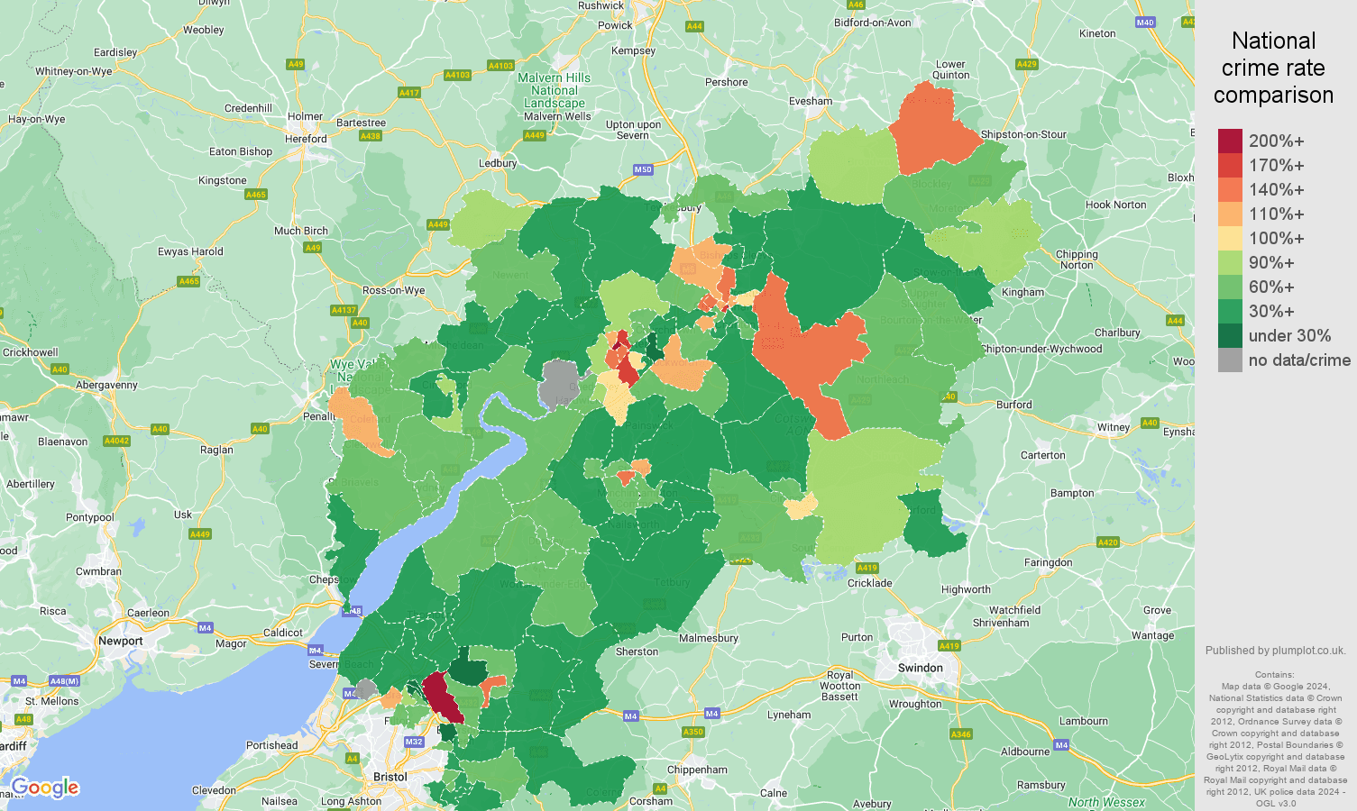 Gloucestershire other theft crime rate comparison map