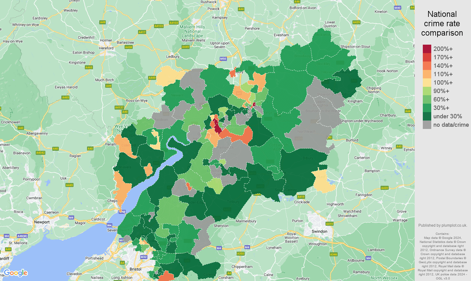 Gloucestershire possession of weapons crime rate comparison map