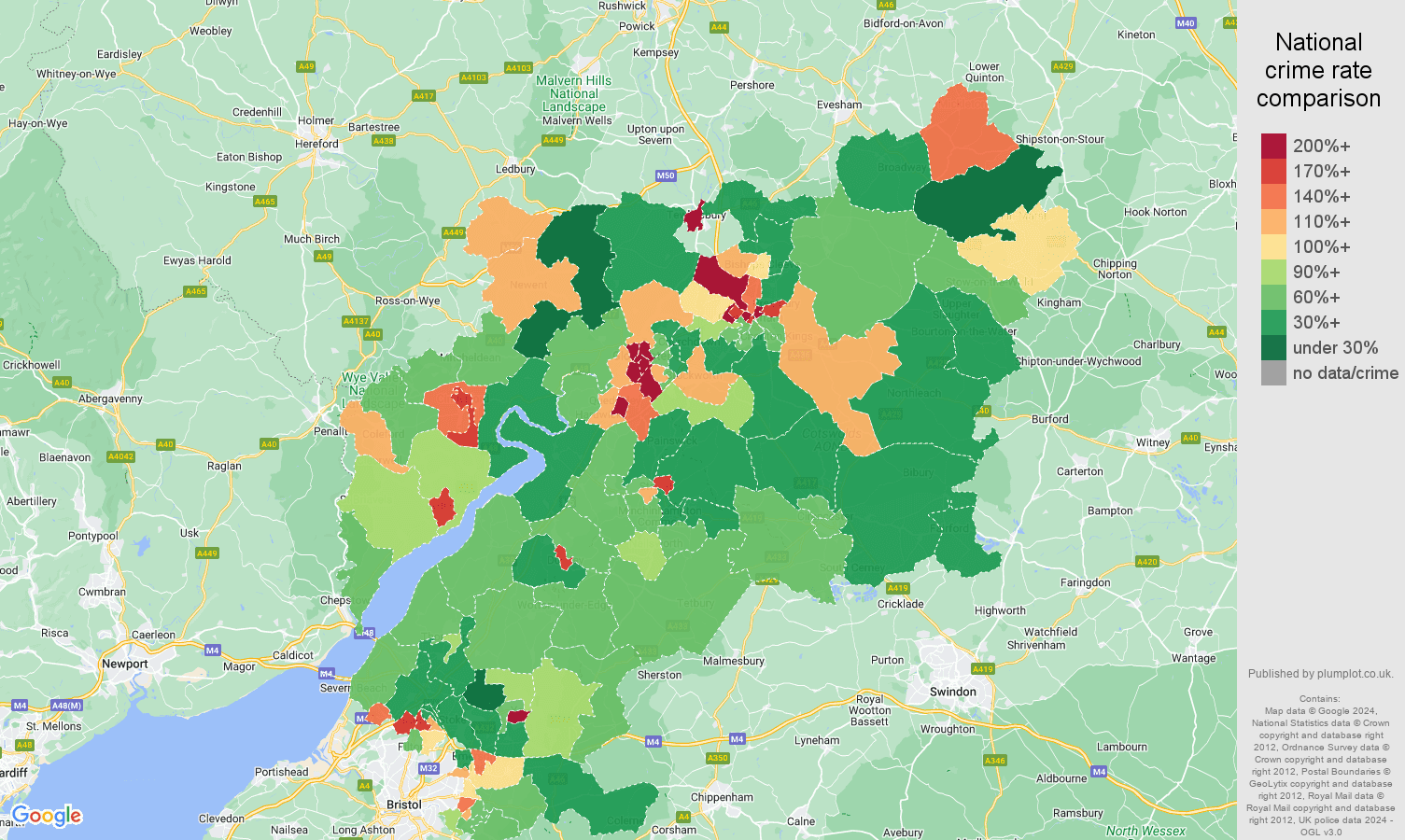 Gloucestershire public order crime rate comparison map
