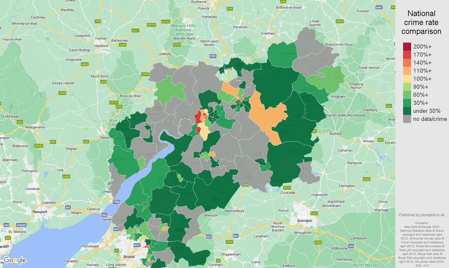 Gloucestershire robbery crime rate comparison map