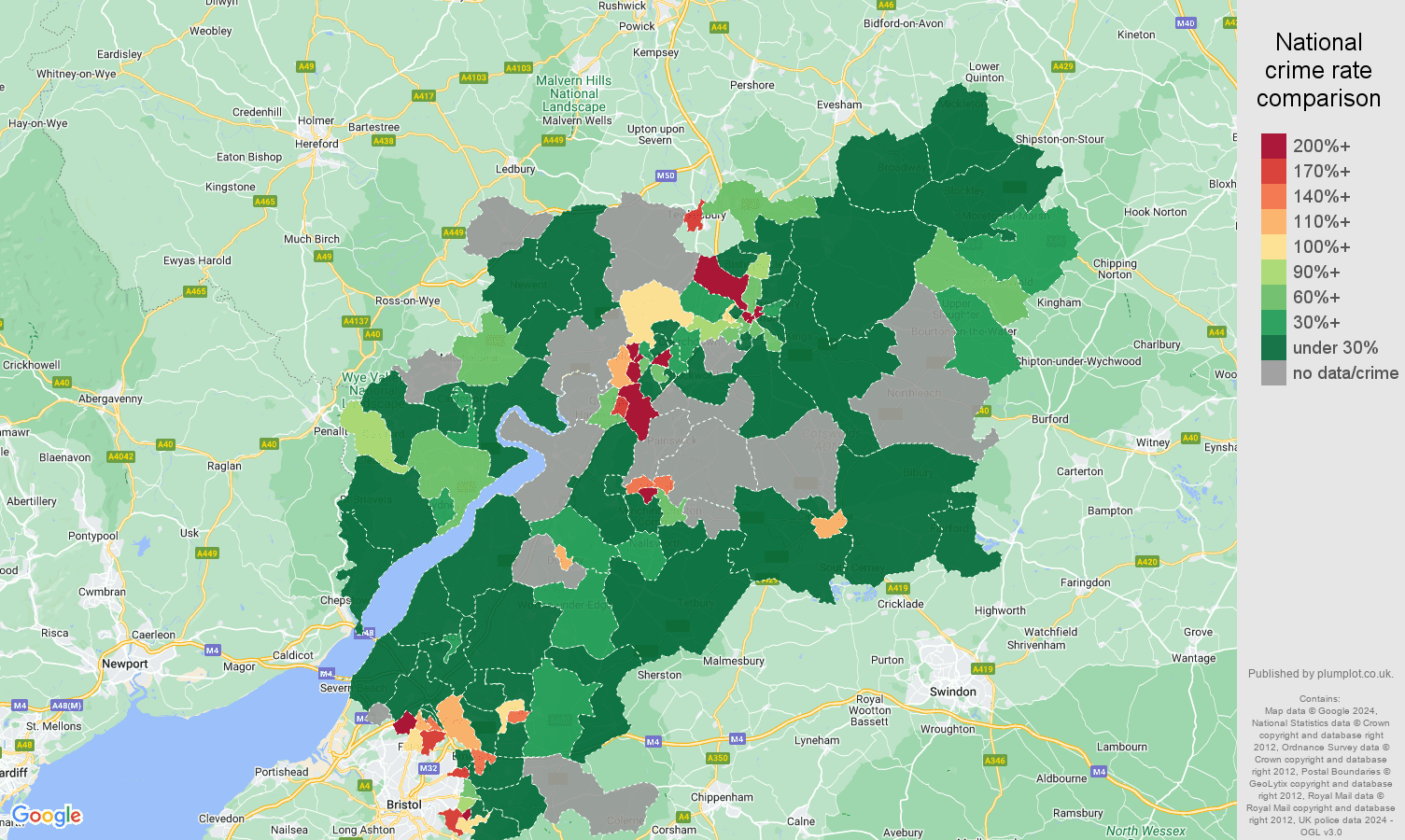 Gloucestershire shoplifting crime rate comparison map