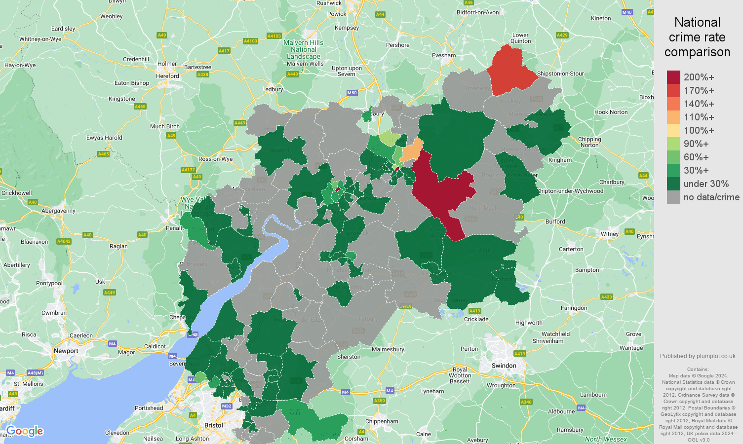 Gloucestershire theft from the person crime rate comparison map