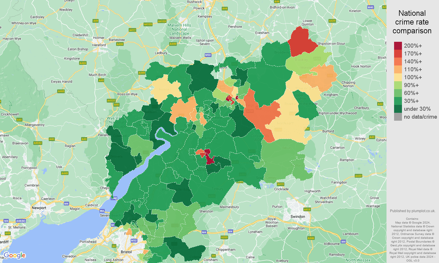 Gloucestershire vehicle crime rate comparison map