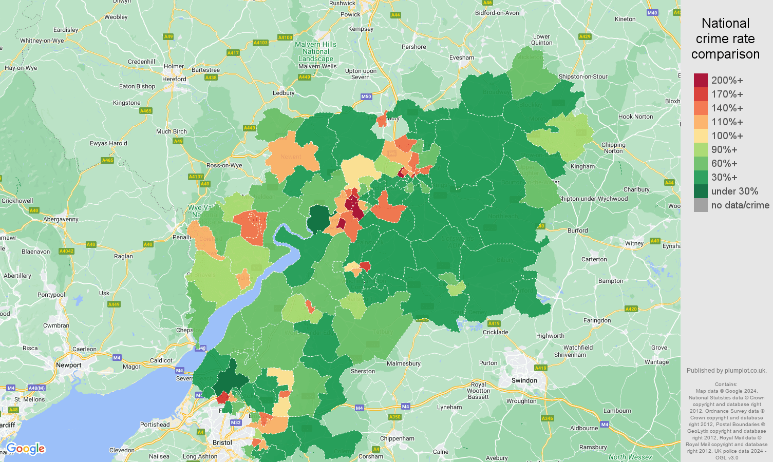 Gloucestershire violent crime rate comparison map