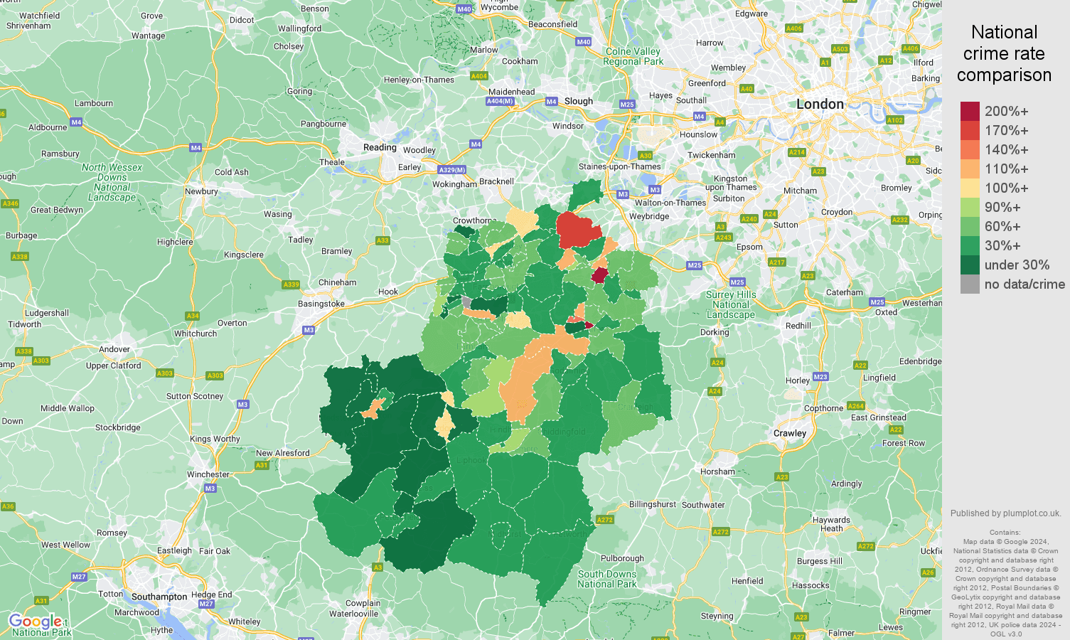 Guildford antisocial behaviour crime rate comparison map