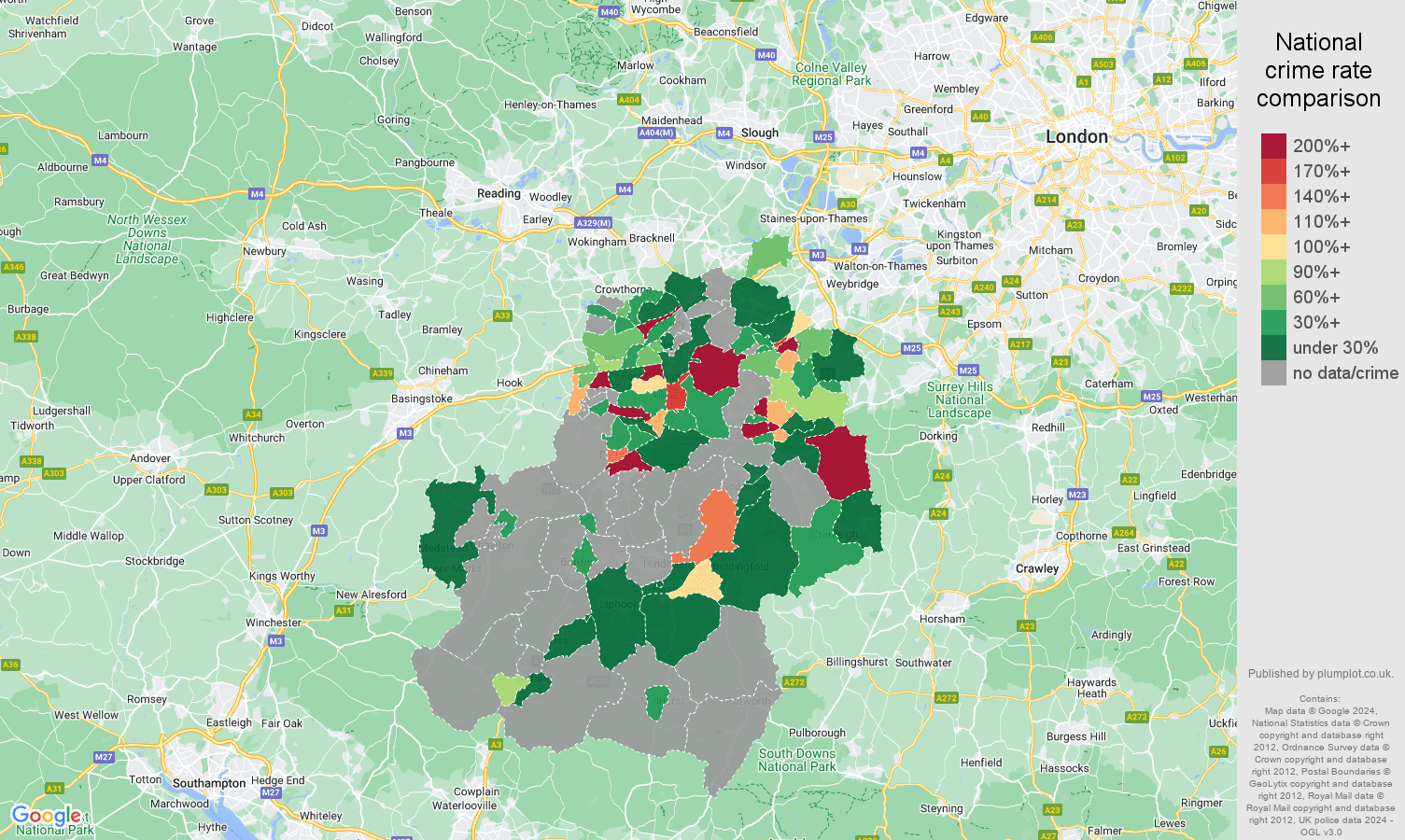 Guildford bicycle theft crime rate comparison map