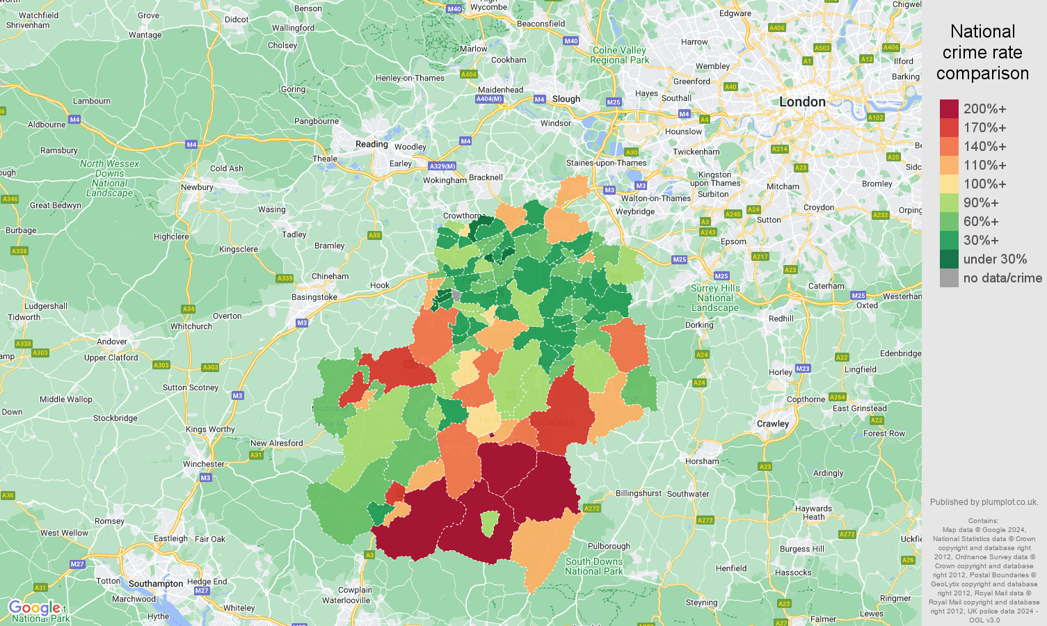 Guildford burglary crime rate comparison map