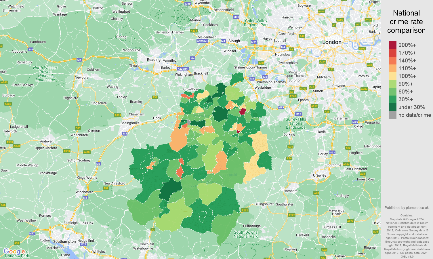 Guildford criminal damage and arson crime rate comparison map