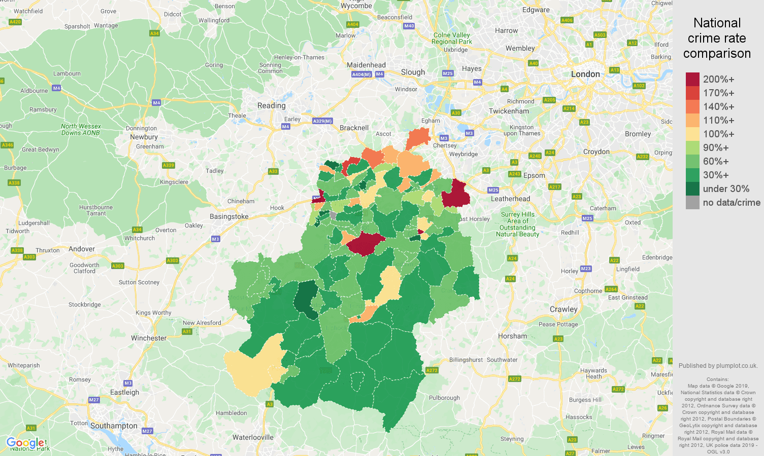Guildford other theft crime rate comparison map