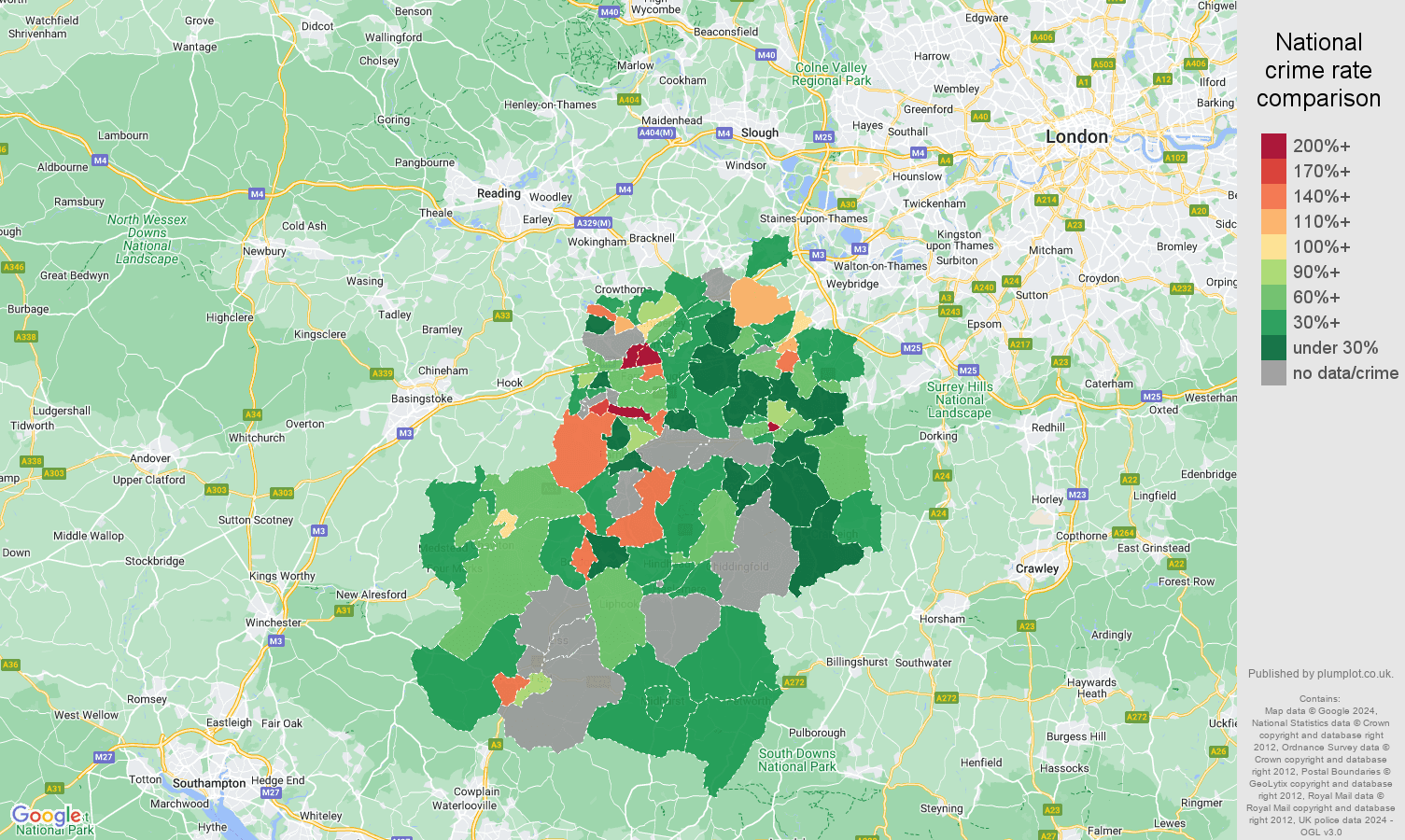 Guildford possession of weapons crime rate comparison map