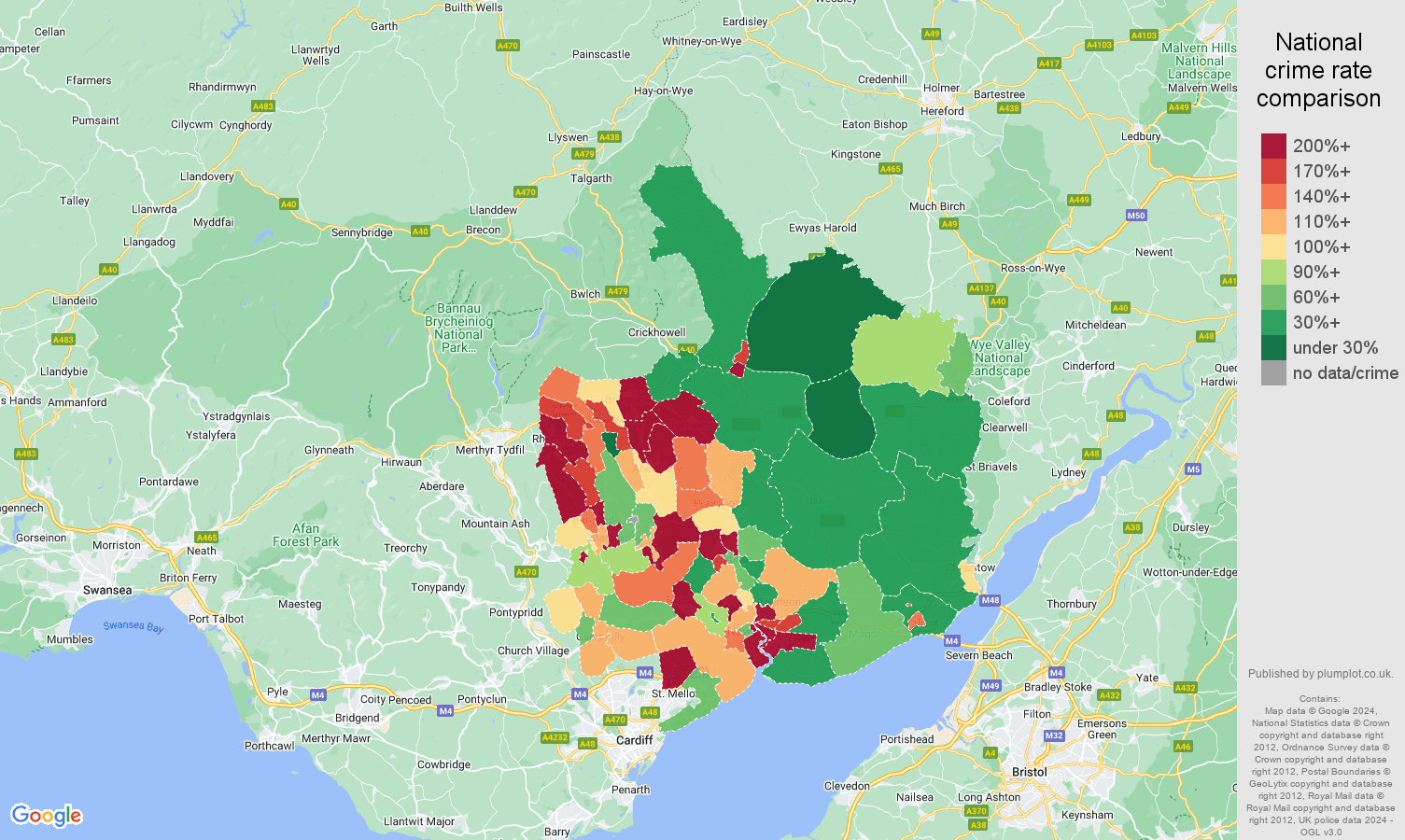 Gwent antisocial behaviour crime rate comparison map