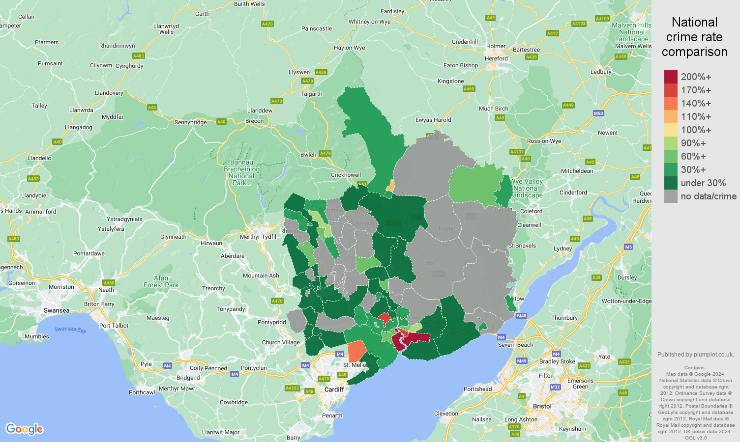 Gwent bicycle theft crime rate comparison map