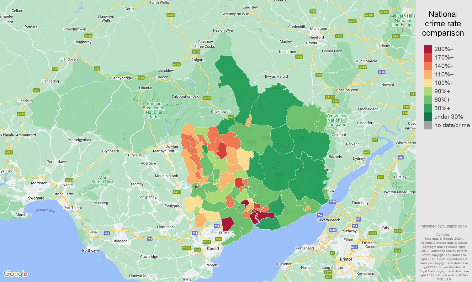 Gwent crime rate comparison map