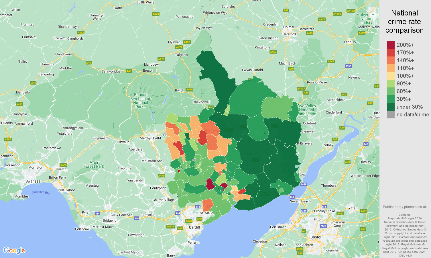 Gwent criminal damage and arson crime rate comparison map