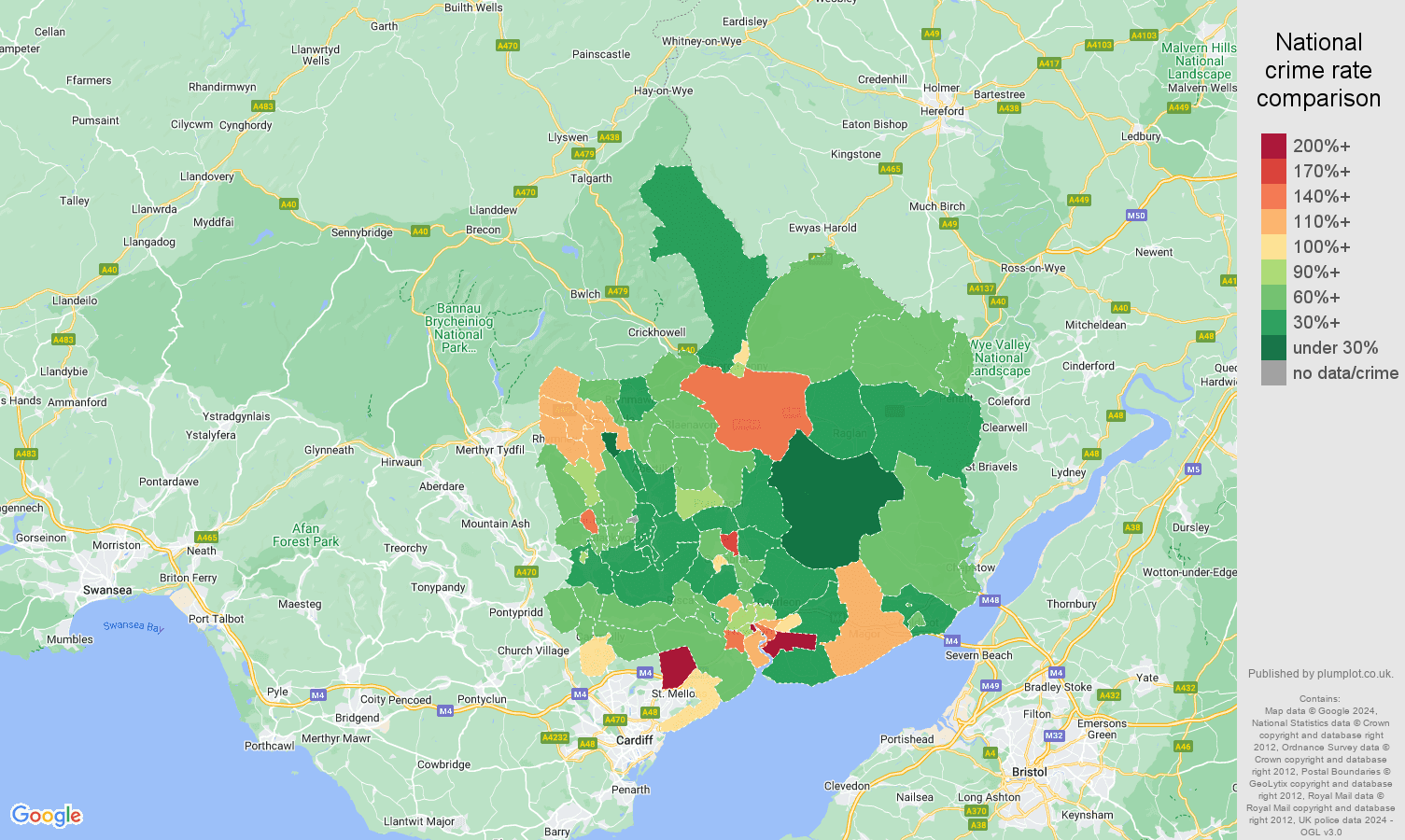 Gwent other theft crime rate comparison map