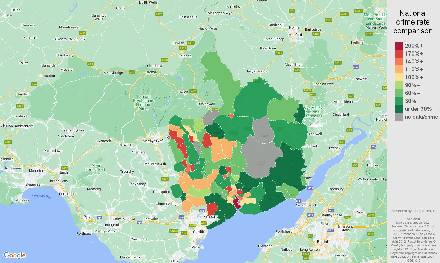 Gwent possession of weapons crime rate comparison map