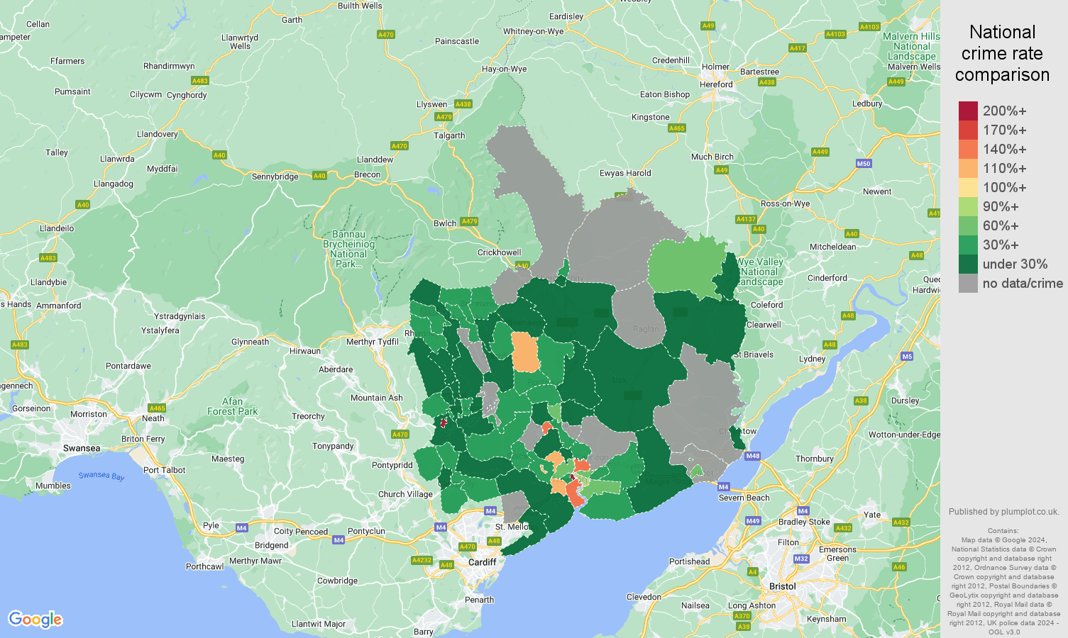 Gwent robbery crime rate comparison map