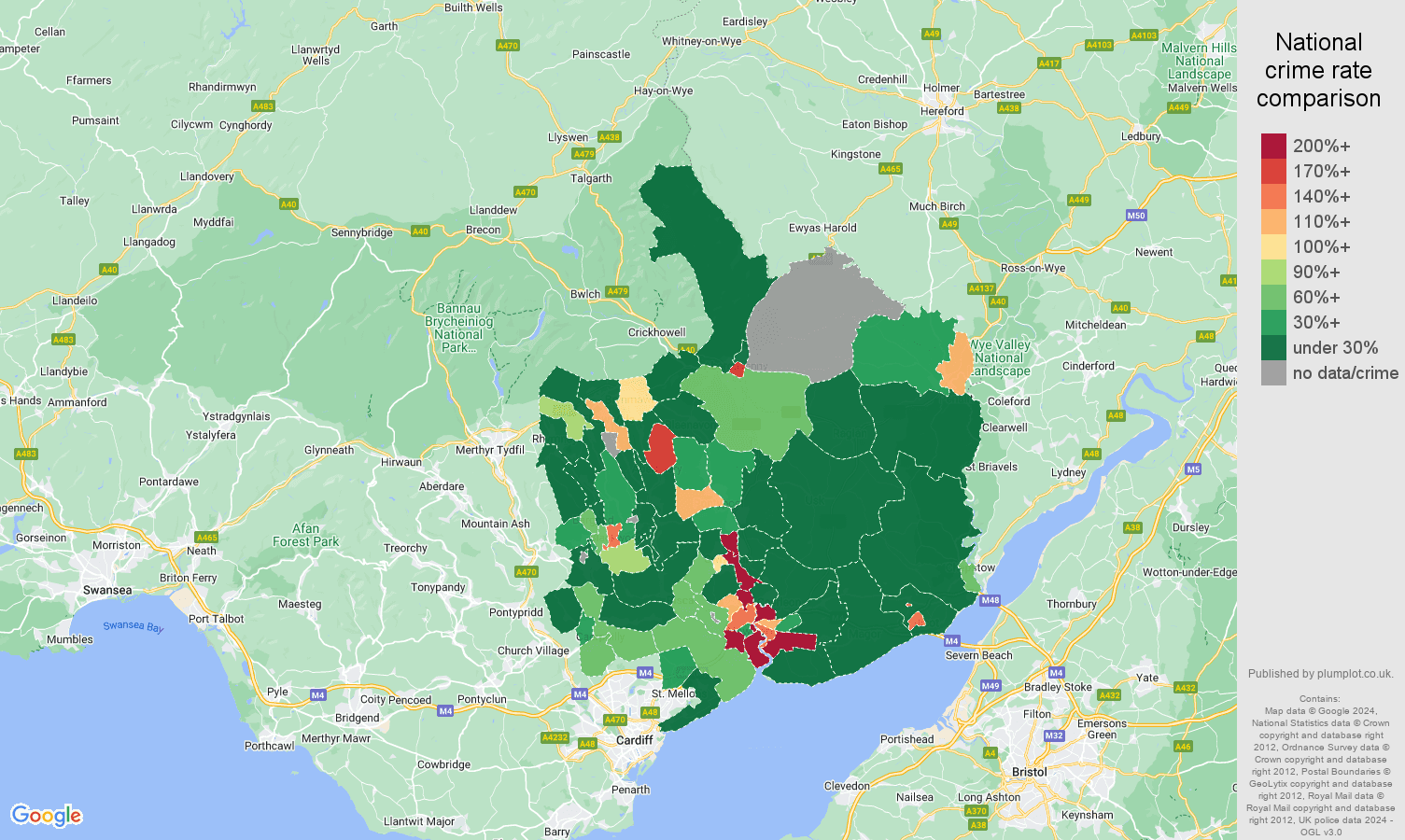 Gwent shoplifting crime rate comparison map