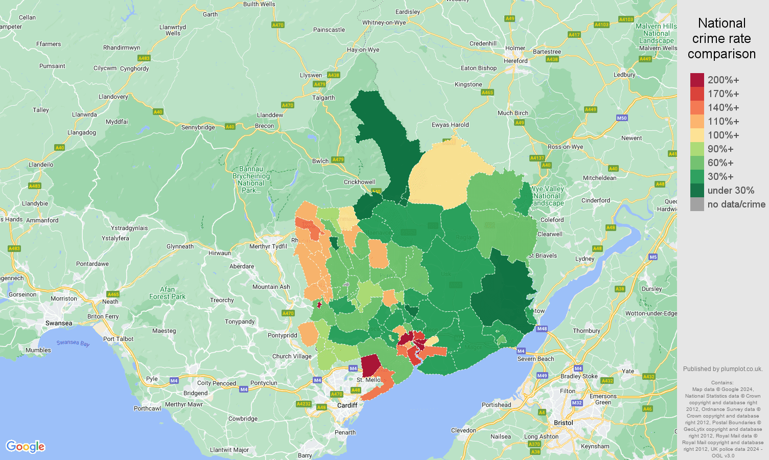 Gwent vehicle crime rate comparison map