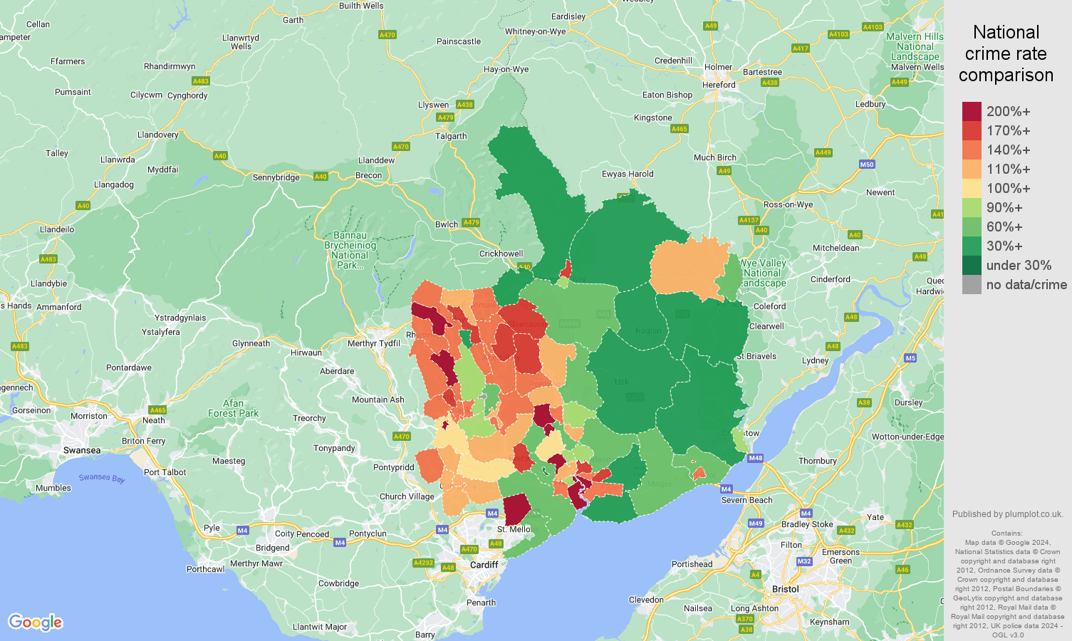 Gwent violent crime rate comparison map