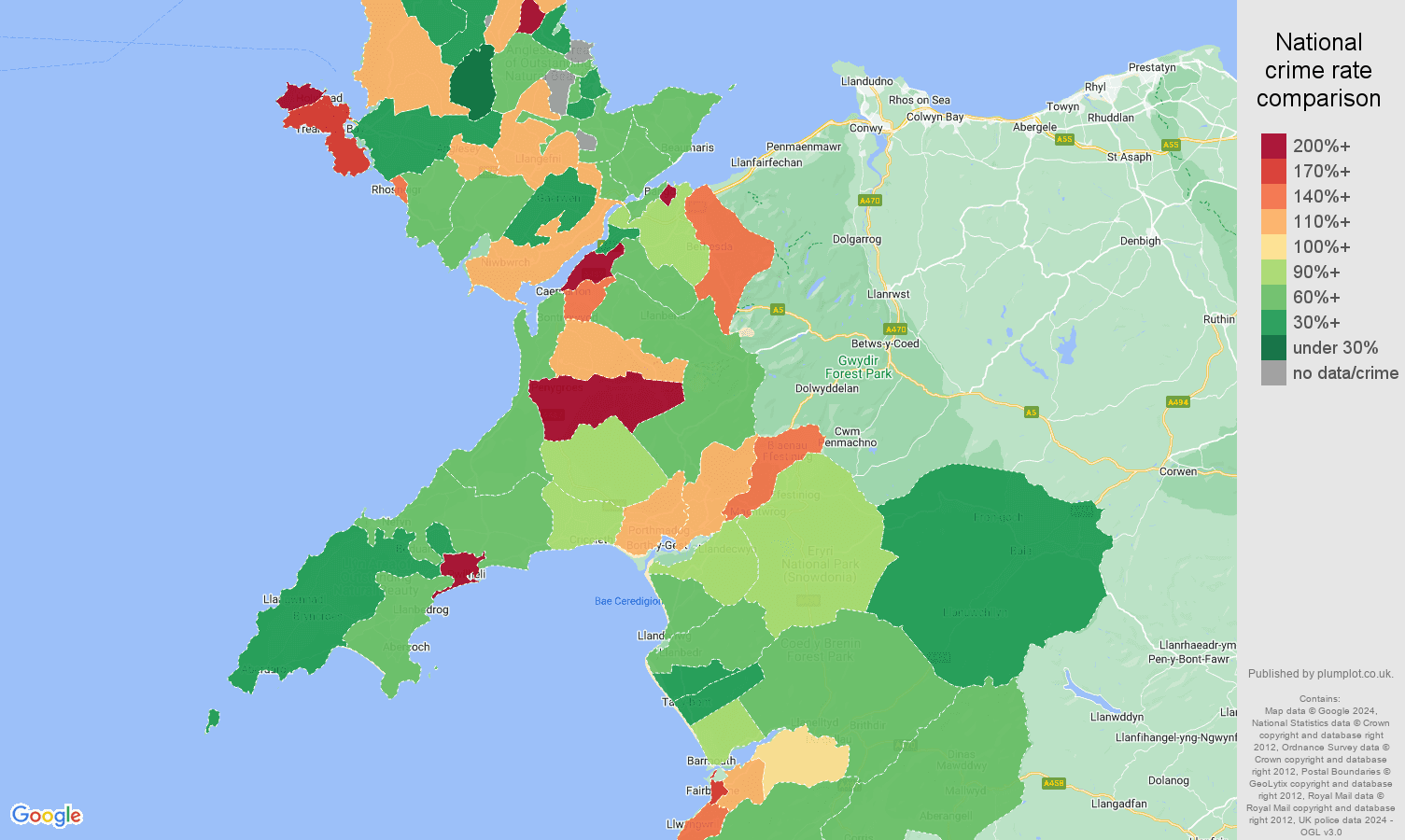Gwynedd antisocial behaviour crime rate comparison map